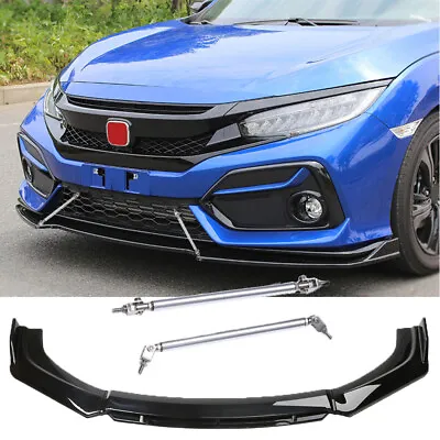 Glossy Black Front Bumper Lip Splitter + Strut Rods For Honda Civic Hatchback • £90.07