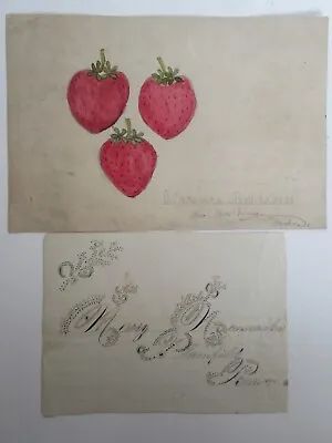 Antique Victorian Child's PA Folk Art Strawberry Watercolor Painting • $34.95