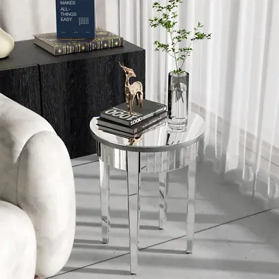 Round Mirrored End Table Silver Accent Table For Living RoomBedroom Sofa Couch • £92.98