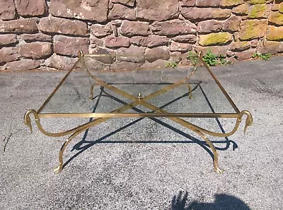 Vintage LaBarge Brass & Glass Square Coffee Table W/ Swan Detail • $1589