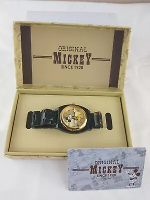 Rare Disney Mickey Mouse Wrist Watch Moving Hand Dial Black Band Gold Face Japan • $48.99