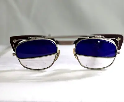 Antique Rare Industrial Welding B&l Glasses Flip Up Cobalt Blue Lenses Steampunk • $275