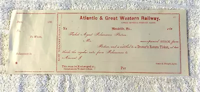 Antique Atlantic & Great Western Railway Meadville PA Unused Train Ticket 1860 • $34