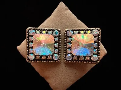 Vintage Mary DeMarco Lightweight Mesmerizing AB Rhinestone Square Clip Earrings • $24.99