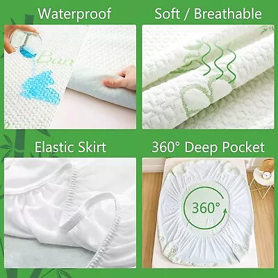 Bamboo Mattress Protector Waterproof Topper Fitted Cover KS/D/Queen/King/SK Bed • $19.94