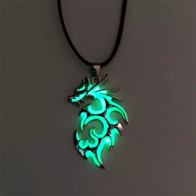 Retro Silver Plating Green Luminous Dragon Pendant Necklace For Men Punk Jewelry • $0.01