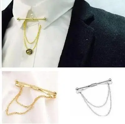 $6.46 • Buy Mens Neck Tie Shirt Pin Tie 5.5 Cm Bar Silver Gold Collar Clip Clasp With Chain