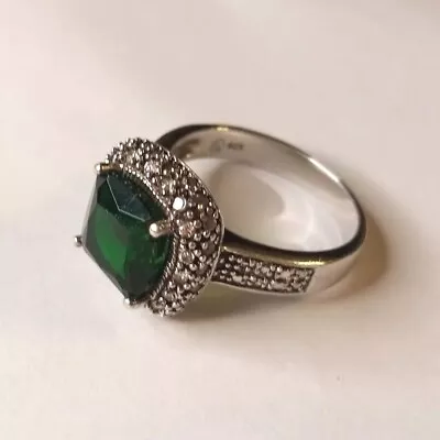 Emerald & Diamond Lab Created 925 Silver Size 9 Halo Cocktail Statement Ring • $95