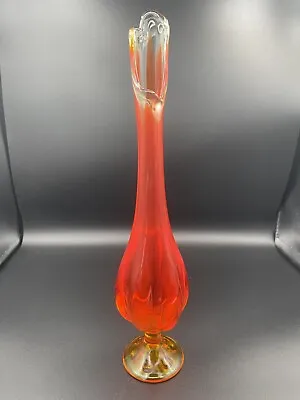 Vintage Glows  MCM Viking Glass 15.5 Inch Swung Stretch Art Vase Orange Pedestal • $86