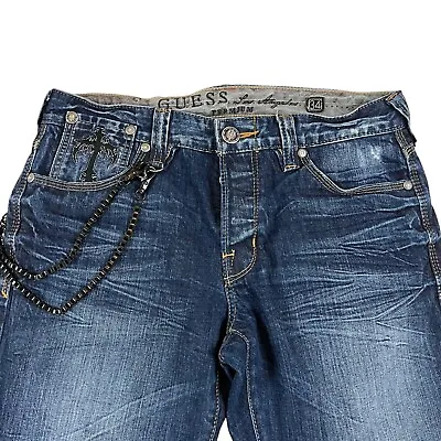 Guess Premium Denim Jeans Mens 34x29 Falcon Slim Boot Chain Punk Button Fly Drk • $30.58