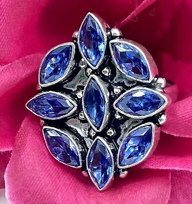 925 Sterling Silver Blue Tanzanite Gemstone Jewelry Flower Adjustable Ring • £5.99