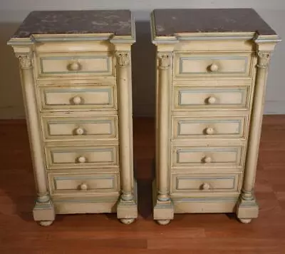 1910s Antique French Louis XVI Walnut Hand Painted & Marble Top Nightstands Beds • $2200