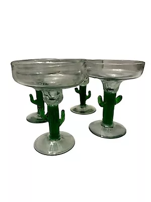 Hand Blown Saguaro Cactus Stemmed Green Mexican Margarita Glasses 6.5” Set Of 4 • $24