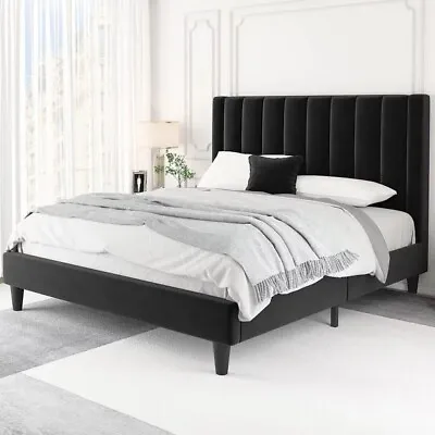 Einfach Queen Size Platform Bed Frame With Velvet Vertical Headboard Black .  • £299