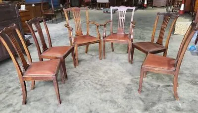 Antique Edwardian Mahogany Six 6 Dining Chairs 2 Carvers 4 Chairs PU Leather • £330