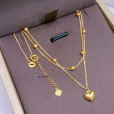 Pure Solid 18K Yellow Gold Lucky Heart Charm Wheat Chain Foxtail Necklace • $159.59