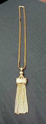 Vintage Signed Monet Gold Tone Tassel Necklace Double 26 Chain • $39