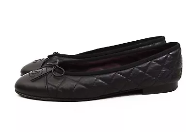 Authentic CHANEL Quilted Ballet Flats Shoes EU38/US8/UK5 Black Leather • £441.73