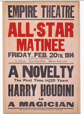 *Postcard-*AD On Postcard/- HOUDINI @ Empire Theatre .....All-Star Matinee-  • $4.12