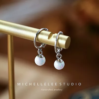 Fire Opal Hoops Earrings In Sterling Silver White Opal And Blue Opal Ball Huggi • £12.95