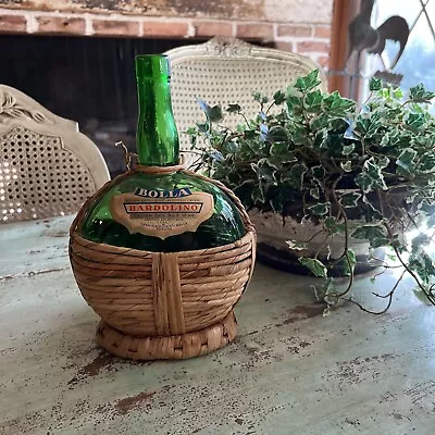 Vintage Italy Bolla Bardolino Wicker Wrap Green Glass Bottle Empty • $39.99