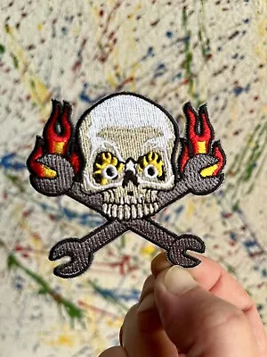 Biker Motorcycle Racing Iron On Patch Skull Flames Wrench Cross And Bones • $5.99