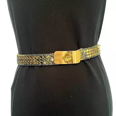 Gold Sequins Stretch Belt Floral Hook Closure Fabric Back Glitter 1980s Vintage • $18.93