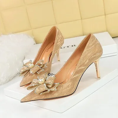 Women's Fashion Pointy Toe Diamante Bowtie Mid Heel Pump Party Shoes Slip On • $52.68