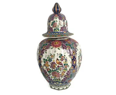 Huge Impressive Urn Vase Lidded Polychrome Bird Hand Painted Delft Marked XXL • $981