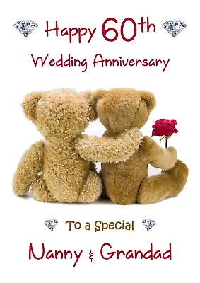 £2.95 • Buy 60th Wedding Anniversary Teddy Bears A5 Anniversary Card -  Any NAMES