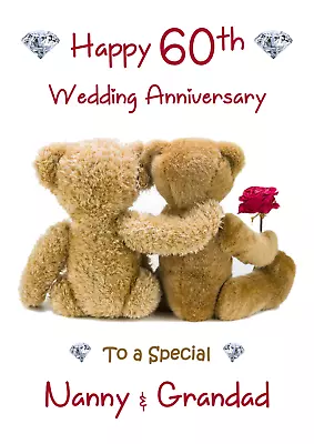 £2.95 • Buy 60th Wedding Anniversary Teddy Bears A5 Anniversary Card -  Any NAMES
