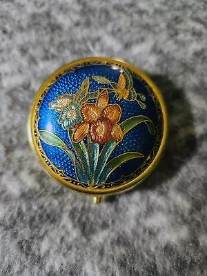 Vintage Round Cloisonné Pillbox Butterfly And Iris Design • $8