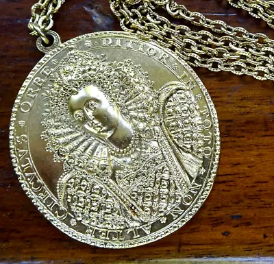 Vintage Queen Elizabeth I Hilliard Portrait Medal Pendant Necklace Gilt Gold Z86 • £80