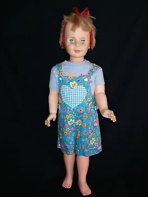 VTG Extra Large 34  Companion Walker Doll Blonde Hair Green Eyes W/ Blue Outfit • $75