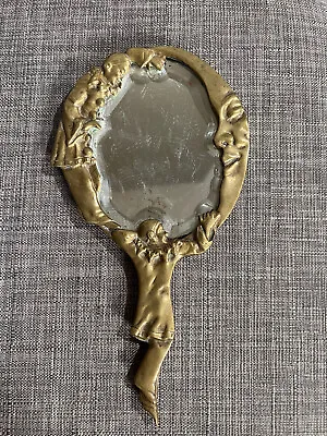 Antique Pierrot Clown & Moon Brass Hand Held Vanity Mirror With Beveled Glass • $125