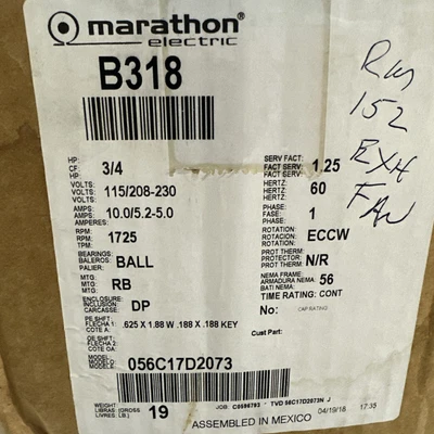 $280 • Buy Marathon Fan Motor 056C17D2073 3/4HP 115/208-230V 115V 1725RPM Frame 56 B318
