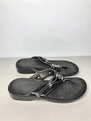 Minnetonka Silverthorne Black Leather Thong Flip Flops Sandals Women 9US 700001 • $12.67