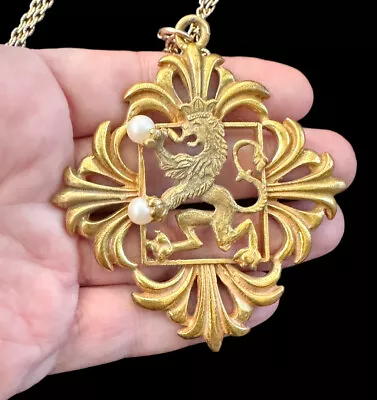 Vintage Richelieu Lion W/Crown Crest Faux Pearl Maltese Cross Pendant Necklace • $42