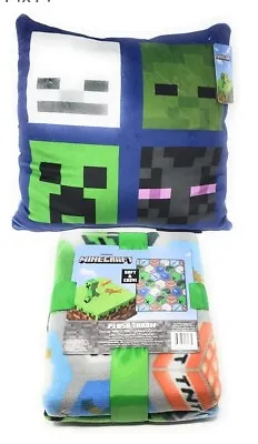 (1) Minecraft Grey Green Multi Plush Throw With Soft Blue Multicolor Pillow  • $29.95