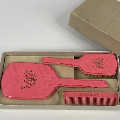 Vintage Child Pink Butterfly Vanity Set Comb Brush Mirror Original Box • $19.99