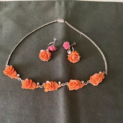 Vintage Carved Coral Demi Parure Flower Pearl Goldtone Necklace Screw OnEarrings • $40