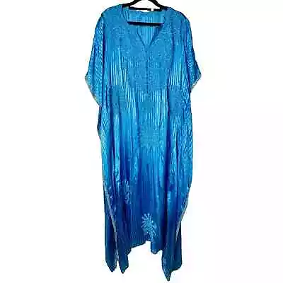 Soft Surroundings Dress Caftan Maxi Mumu Satin Embroidered Blue Gold M • $50