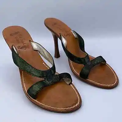 Miss Trish Of Capri Metallic Green Leather  Open Toe Slide Heeled Sandals 40 • $24.89