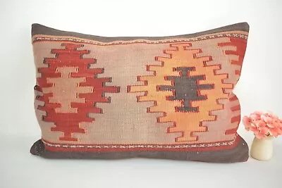 Turkish Handmade Lumbar Pillow Cover 16x24in Antique Multicolor Kilim Pillow • $42