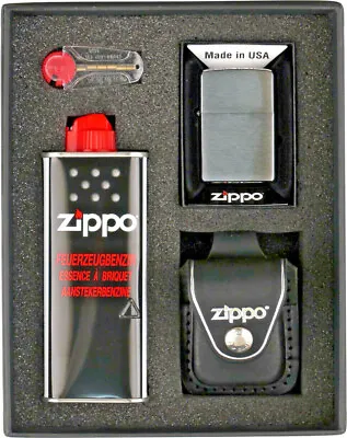 Zippo Set/Brushed Chrome/Leather Bag Black Clip /Petrol /Flint • £78.77