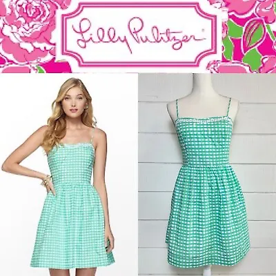Lilly Pulitzer Dress Green Blue White Gingham Cotton Bethany Beach Sun Sz4 • £42.75