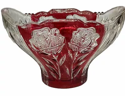 Lead Crystal Rose Flower Pattern Vase Planter Red Candy Dish • £12.54