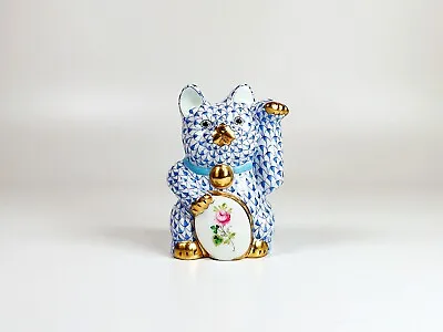 Herend Blue Fishnet (vhb) Maneki-neko Waving Cat Porcelain Figurine ! (d020) • $499