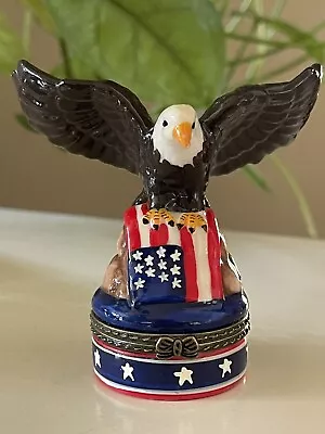 Vintage Miniature Keepsake Porcelain Trinket Box 4th AMERICAN Flag Bald Eagle • $9.99