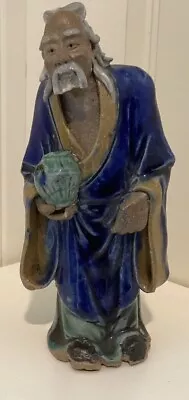 VTG 6 Inch Chinese Mud/Wise Man Figure W/Gourd Pristine Vibrant Blues & Greens • $85